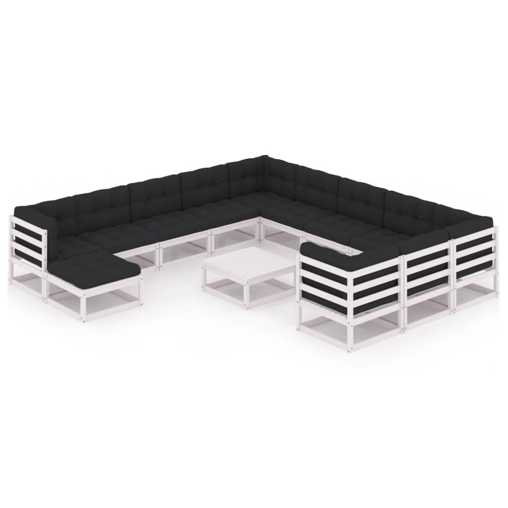13-tlg. Garten-Lounge-Set mit Kissen Weiss Kiefer Massivholz